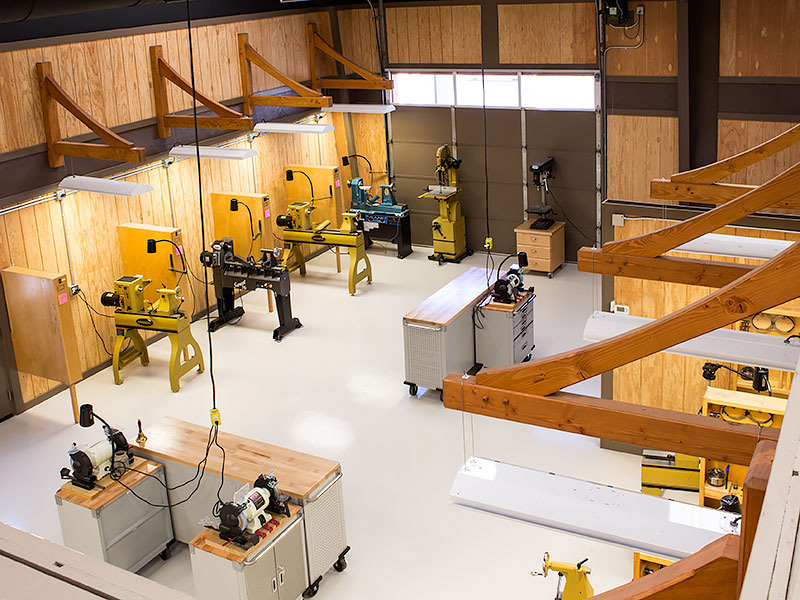 An overhead shot of the woodturning workshop.