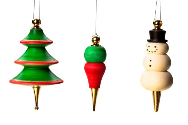 A turned Christmas tree, droplet, snowman ornament.