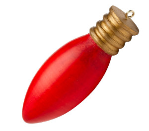 A turned lightbulb ornament with red bulb and gold cap.
