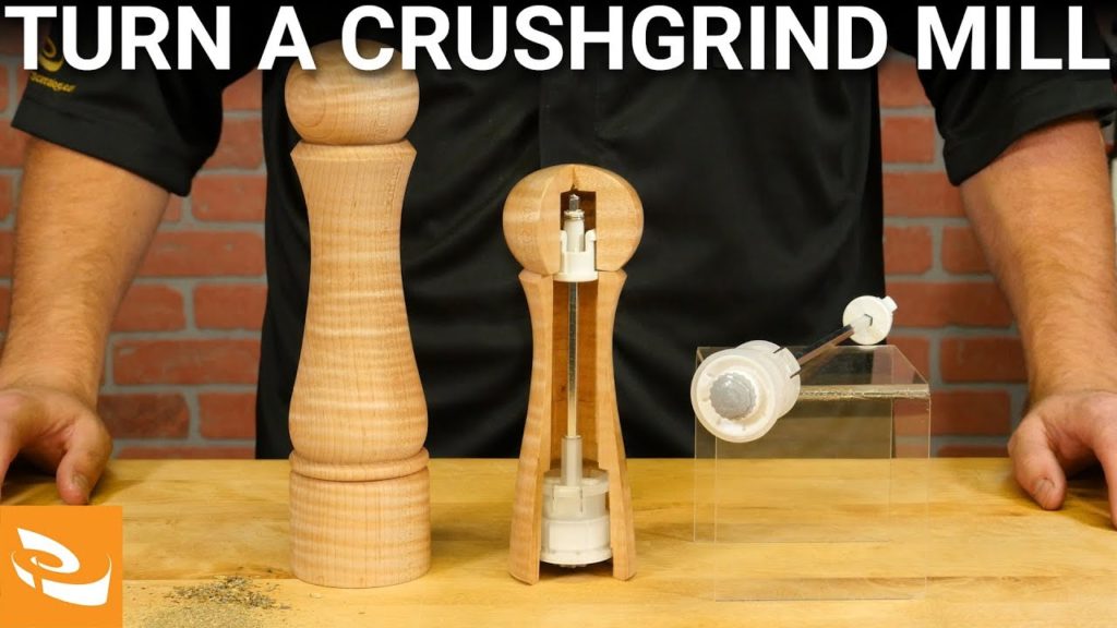 A finished crush grind mill and a cutaway showing the inner workings.