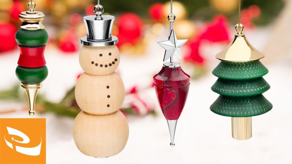 A group of turned Christmas ornaments.