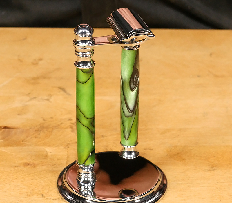 Displaying the finished razor and stand.